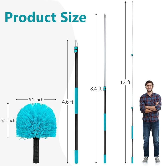 Mavriz 5-12 FT Spider Web Brush with Pole, Cobweb Duster with Extension Pole for Outdoor & Indoor Cleaning, Telescopic Long Duster for High Ceilings 20 Ft Reach