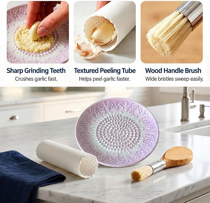 Handcrafted Ceramic Garlic Grater Plate 4-Pc Set, 5.12" Handmade Porcelain Grinding Dish with Wooden Boar Bristle Brush & Textured Silicone Peeler, Lavender Purple Embossed Lily