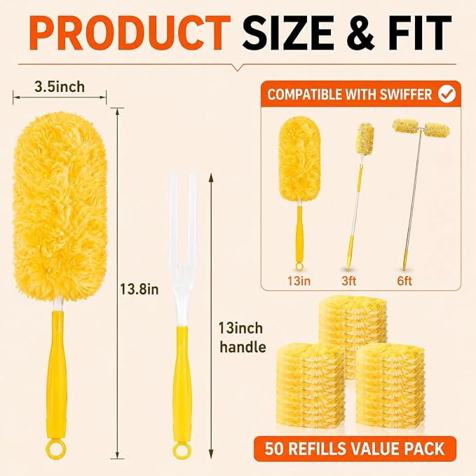 Duster Refills for Swiffer Duster, 50 Count Heavy Duty 2 Side 360° Dusters Refill Kit with 1 Handle, 4X Microfibers, Disposable Multi-Surface Duster for Cleaning Furniture Blinds Ceiling Fan