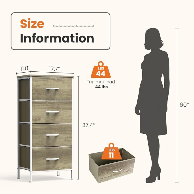 Sweetcrispy Dresser for Bedroom, 4 Drawer Storage Cabinet, Tall Nightstand | Small Fabric Dresser for Closet, Chest of Drawers, Closet Organizer, Home Furniture, Sturdy Frame, Oak Greige