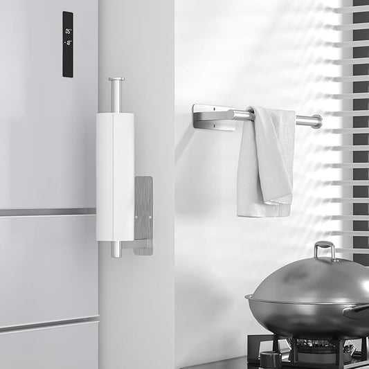 ASTOFLI Paper Towel Holder Under Cabinet No Drilling, Self Adhesive Paper Towel Holder Wall Mount for Kitchen Rack, Under Counter Napin Holder No Drill, RV, 304 Stainless Steel, Silver