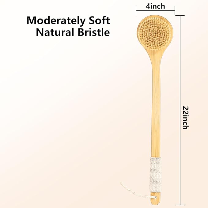 Back Scrubber Brush for Shower, 22" Curved Long Bamboo Handle Shower Brush, Antiskid Body Bath Brushes for Back Dry/Wet Brushing, Moderately Soft Natural Bristle Body Brush for Showering (Beige)