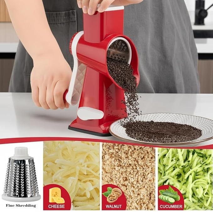 YOUCZON Rotary Cheese Grater Multi-Purpose Stainless Steel Cheese Shredder | rotary grater with strong suction, ergonomic handle and food pusher for fast, safe slicing and shredding.