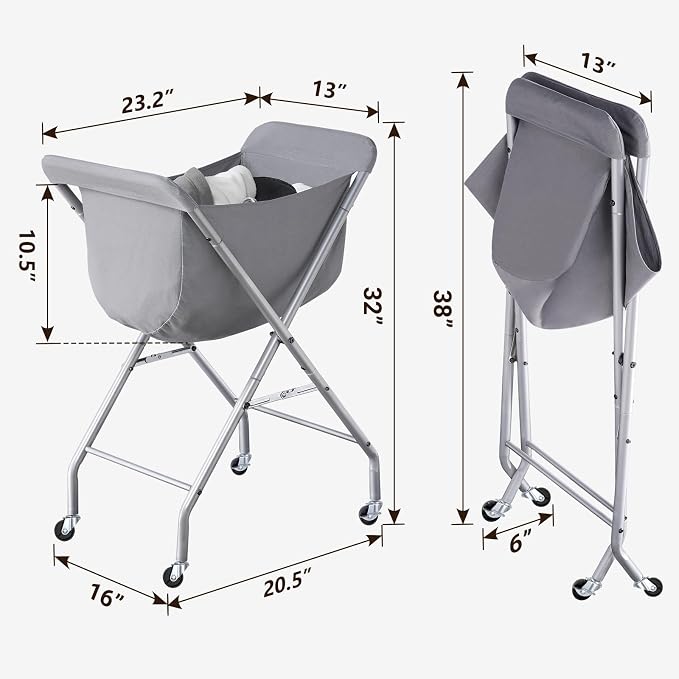 ELYKEN Laundry Basket with Wheels, Collapsible Laundry Hamper, Gray | Removable Liner Bag, Foldable Design, Sturdy Metal Frame, 4 Casters, 32”H Laundry Cart for Bedroom, Bathroom & Laundry Room