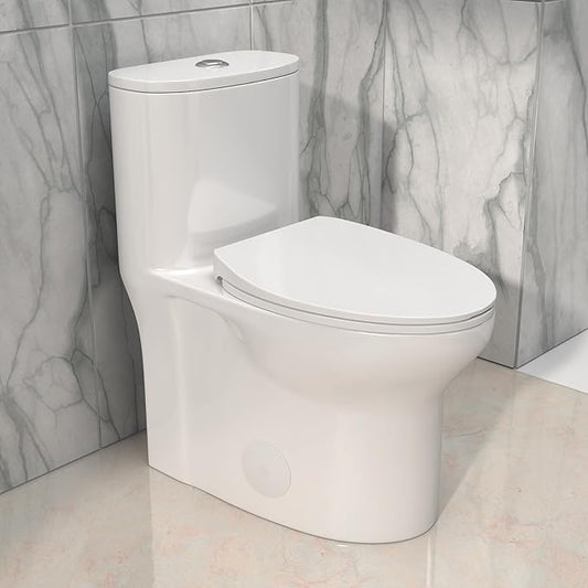 One Piece Toilet 12'' Rough Inch - White Ceramic Compact Toilets with 15.9" Soft Close Chair Seat 1.1/1.6 GPF Water Saving Dual Flush High Efficiency Easy to Clean 14.3''x26.3''x28.6''