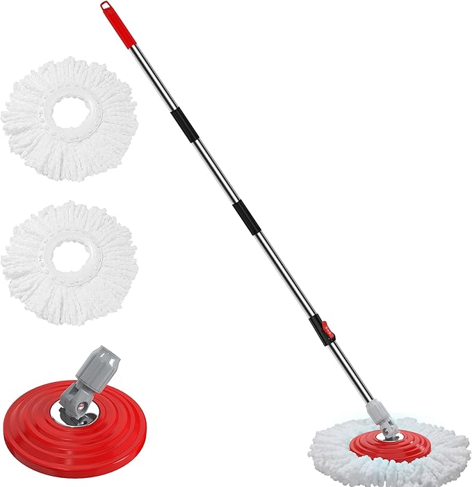 Stainless Steel Extendable Mop Handle with 2 Microfiber Replacement Heads & 360° Rotating Base Plate — Fits Standard Mop Buckets - Black