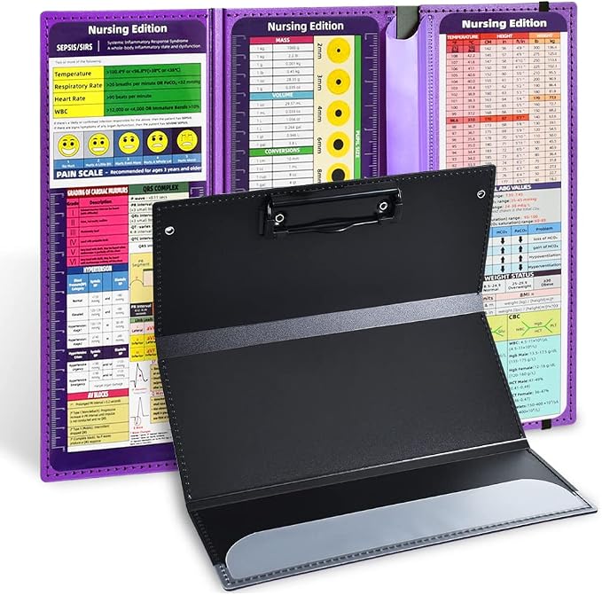 Vuzvuv Purple Foldable Nursing Clipboard Nurse Clip Board-1pcs 3 Layers | Sturdy Lightweight Plastic, Fits Pockets/Bags, Built-In Medical Cheat Sheets, for Nurses, Doctors, Medical Students