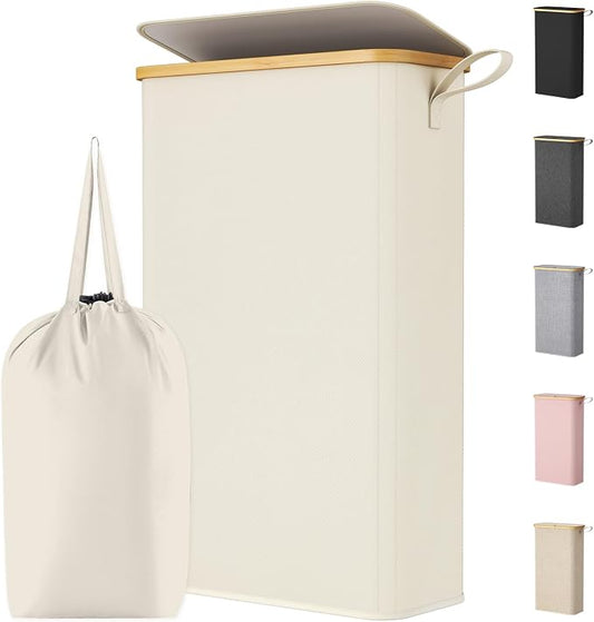 Lifewit 65L Slim Laundry Hamper with Lid, Narrow Laundry Basket with Removable Bag & Bamboo Handles, Fodable Thin Dirty Clothes Hamper for Laundry Collapsible Bin for Bathroom Bedroom Dorm, White