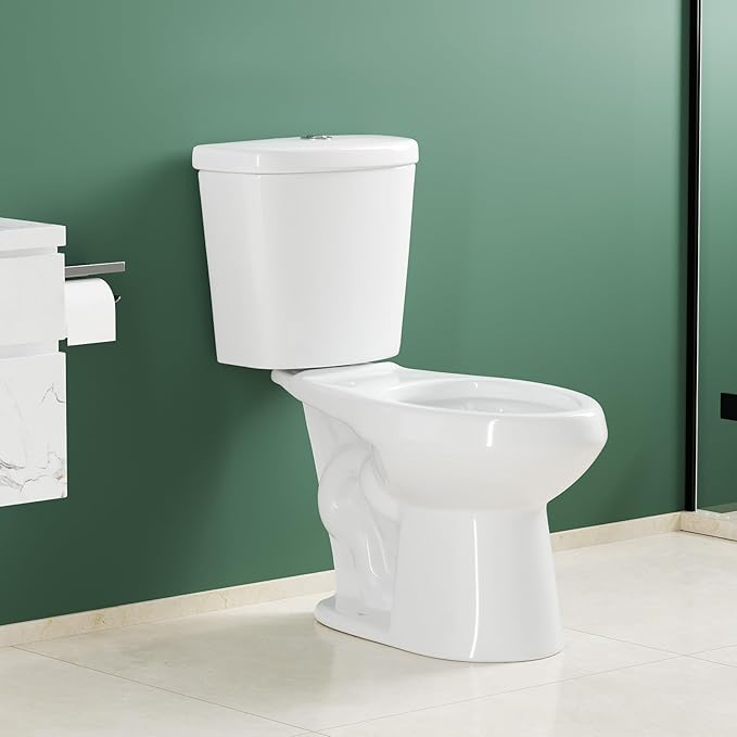 Two Piece Toilet, 17" Elongated with Upgraded Flushing, Dual Flush Buttons (Top Mounted), Includes Hardware (Seat Not Included), White, 12" Rough-in
