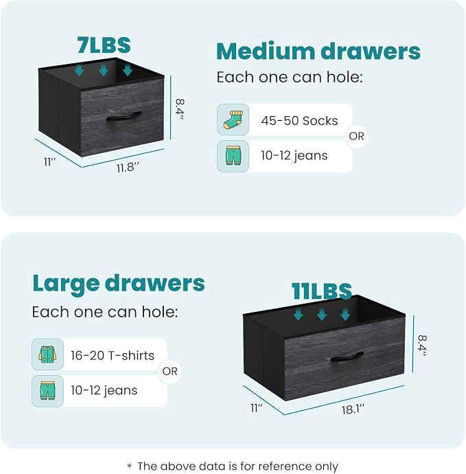 OLIXIS 7 Drawer Closet Organizer, Storage Tower with Sturdy Steel Frame | Dresser for Bedroom, Wooden Top & Easy Pull Fabric Bins, Clothes Organization, Living Room, Black Wood Grain
