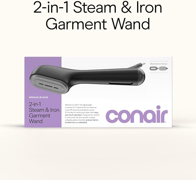 Conair Clothes Steamer, 2-in-1 Travel Steamer/Iron, Anti-Drip, Black/Silver | Portable handheld garment steamer for clothes w/ iron, quickly removes wrinkles, dual voltage 120-240V & heats in 75 seconds