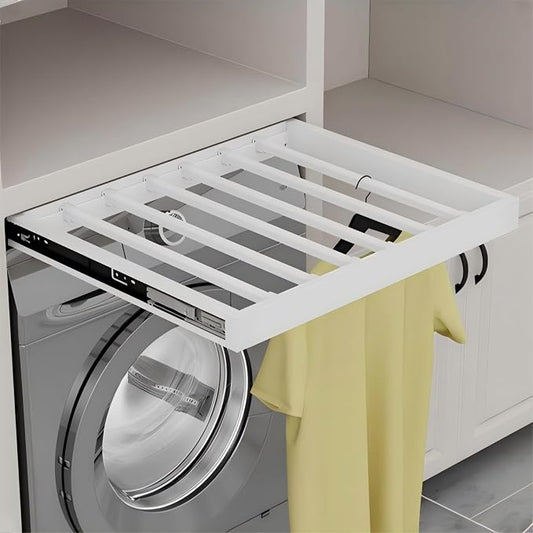 Hidden Pull Out Drying Rack, Extendable Pull Out Trousers Rack, Space Saving, Above Washing Machine Wardrobe, Aluminum Alloy, Tip-On, Depth 21.26in Width 22-24in White