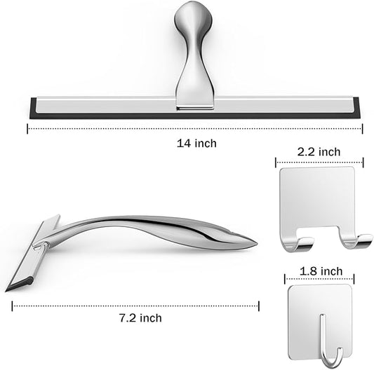 All-Purpose Stainless Steel Shower Squeegee for Shower Glass Door with 2 Adhesive Hooks, Bathroom Cleaner Tool Household Window Mirror Squeegee for Glass Doors, Cleaning Tile Wall, Car, 14 Inch Silver