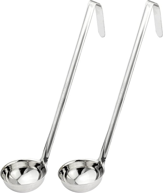 Fit Meal Prep Stainless Steel Soup Ladle - One-Piece Sauce Spatula with Hook Handles, Commercial Grade Serving Spoon, Kitchen Tool for Restaurant or Home Cooking, 13.75” Long - [Pack of 2] 4 Oz