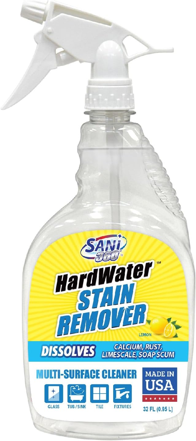 SANI 360° Hard Water Stain Cleaner & Surface Sealant, 32 oz, Lemon Scent | 60-second cleaner and sealant reduces calcium, limescale, rust and soap scum on multiple surfaces; lemon scent, made in USA.