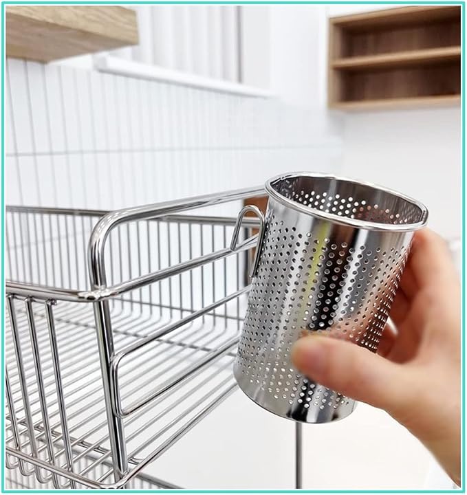 HOME&I Silverware Drying Basket for Dish Rack, Compact Oval SUS 304 Stainless Steel Hanging Utensil Holder, Cutlery Caddy for Kitchen Sink & Countertop