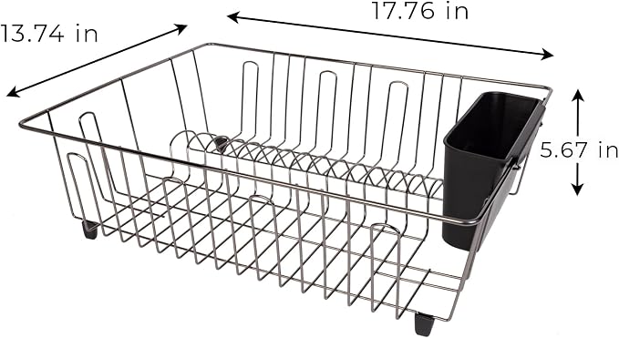 Large Wire Dish Drying Rack and Drainer, Kitchen Countertop Dish Rack for Plates, Cups and Utensils, Black/Chrome, 17.5" x 13.7" x 5.5"