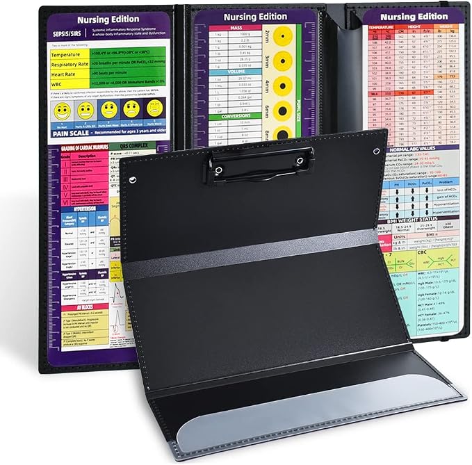 Vuzvuv Black Foldable Nursing Clipboard Nurse Clip Board-1pcs 3 Layers | Sturdy Lightweight Plastic, Fits Pockets/Bags, Built-In Medical Cheat Sheets, for Nurses, Doctors, Medical Students