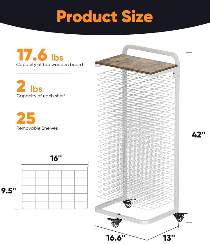 mocomax Art Drying Rack for Painting, Metal Paint Drying Stand, Movable Paint Drying Rack with Lockable Wheels, Art Canvas Storage Rack for Classroom & Art Studio, 25 Removable Shelves with Top, White