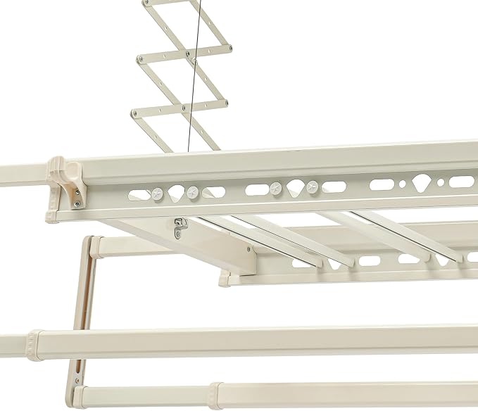 Electric Retractable Airing Rack, Ceiling Mounted Clothes Drying Rack, Retractable Clothesline, Vertical Laundry Drying Rod with LED Light & Remote, 110V 24W, Off-White Color