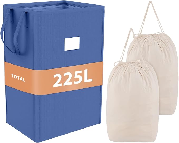 MCleanPin 210L Large Laundry Hamper Collapsible with 2 Washable Laundry Bags, Dirty Clothes Hamper, Laundry Basket with Handles Foldable Laundry Basket for Dorm College(Navy Blue)