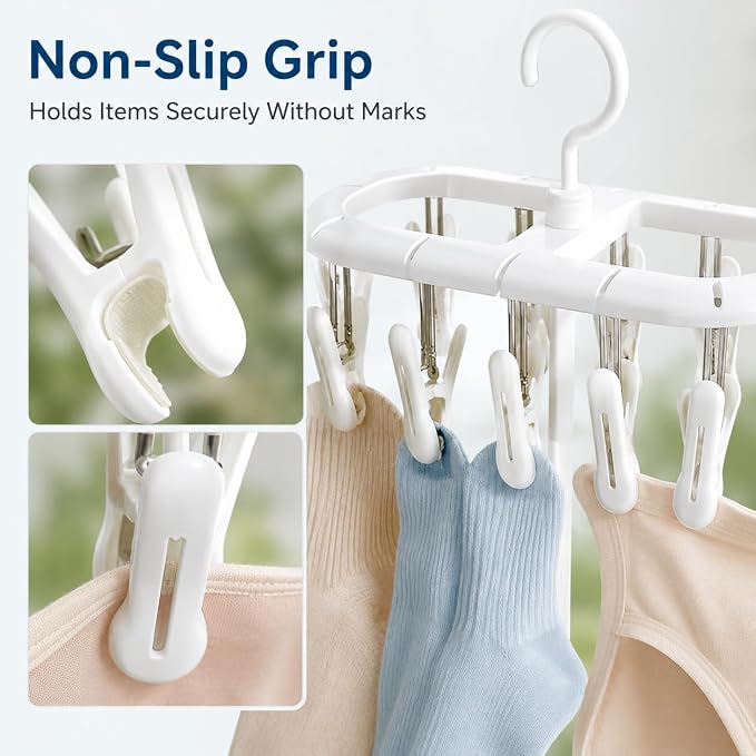 2PCS Clothes Hangers with 32 Clips Hooks, Plastic Sock Hanger, Stackable Laundry Drying Rack for Underwear, Clothes Airer with Swivel Hook, Portable Small Item Organizer for Bathroom Balcony Daily Use