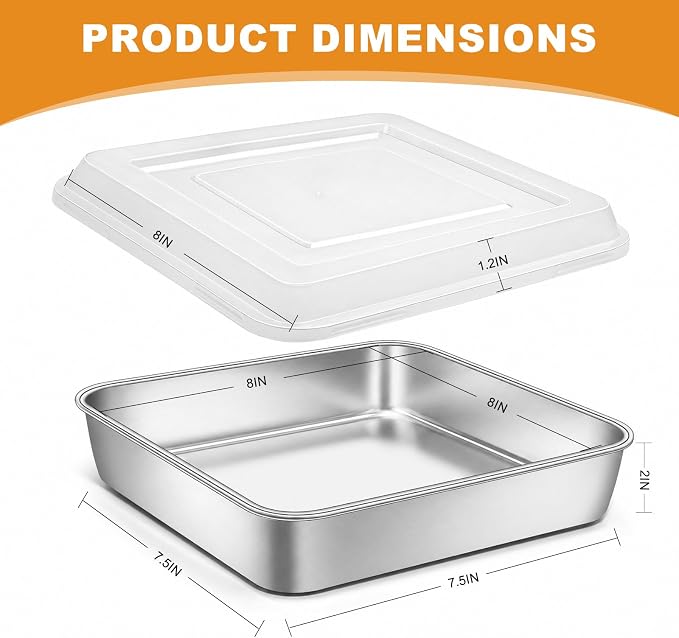 Stainless Steel Baking Pan with Lid, 8 x 8 x 2 Inch Deep Square Cake Pan with Cover, Non-toxic&Healthy Bakeware Set of 2, Easy Clean, Dishwasher & Oven Safe, for Cakes, Brownies(2Pans+2Lids)