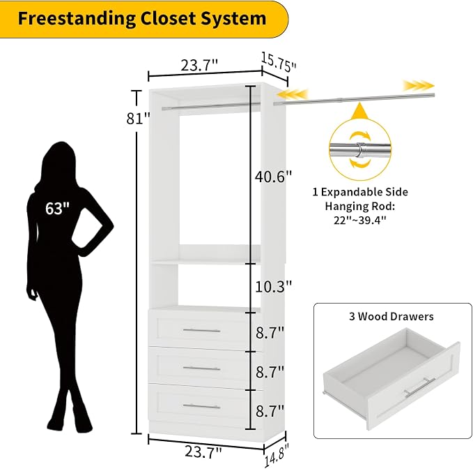 Closet System with 3 Drawers, 2-5FT Custom Closet Organizer System Shelving with 2 Hanging Rods & Shelf, Small Walk-in Closet System Freestanding, Modular Closet Organizer Storage System, White