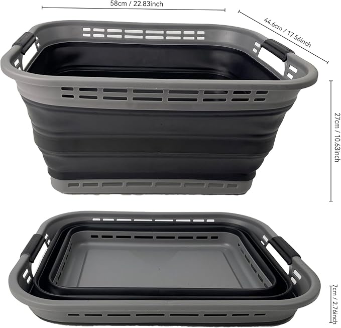 SAMMART 42L (11 Gallons) Collapsible Plastic Laundry Basket - Foldable Pop Up Storage Container/Organizer - Portable Washing Tub - Space Saving Hamper/Basket [BPA Free] (Grey/Black)
