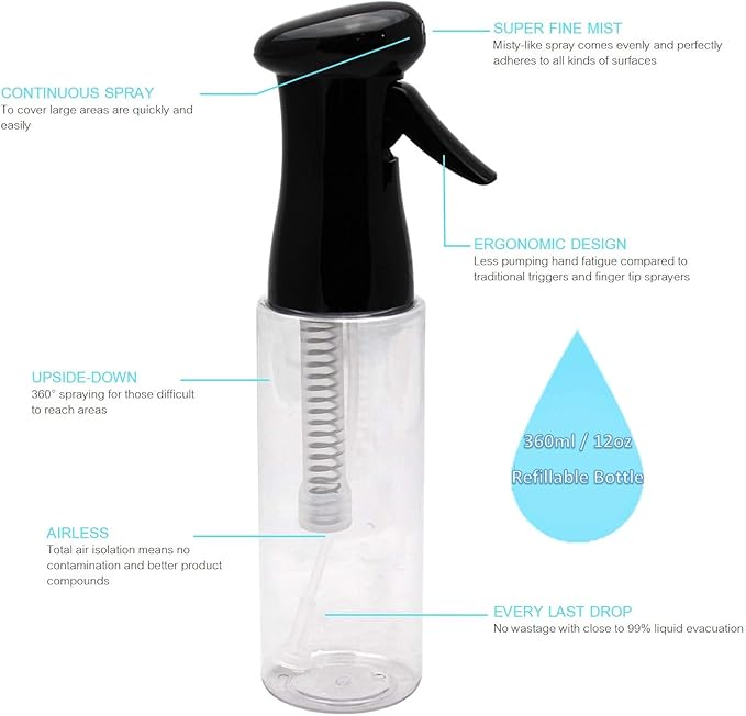 KEEN Continuous Spray Bottle, 10 OZ Fine Mist for Indoor/Outdoor Plant Care, Hair Styling, Skin Refresher Air Mist, Refillable Empty Water Bottle Trigger Sprayer Set, Silver