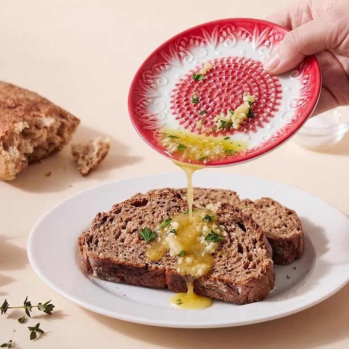 Handcrafted Ceramic Garlic Grater Plate 4-Pc Set, 5.12" Handmade Porcelain Grinding Dish with Wooden Boar Bristle Brush & Textured Silicone Peeler, Ruby Red Embossed Lily
