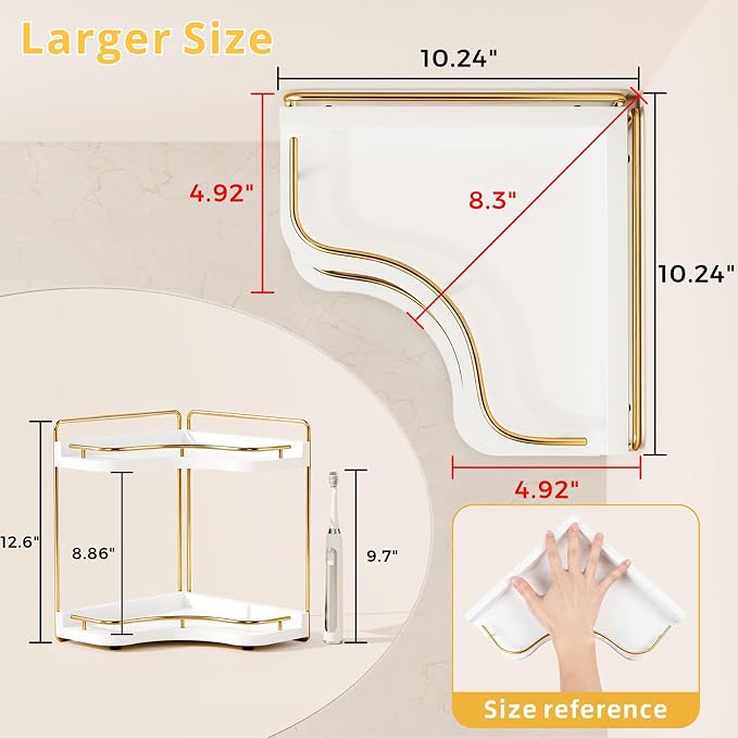 2-Tier Corner Bathroom Counter Organizer, Larger Size | Embedded Screw Holes, Sturdy & Stable, Oversized, Holds More, Vanity Shelf for Makeup & Skincare, White Gold