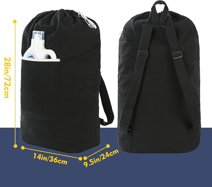 Canvas Laundry Bag, Laundry Backpack, Black, X-Large | Washable Laundry Collector,Thick Woven Adjustable Shoulder Straps,Large Front Pocket,Drawstring Closure,for College,Camping