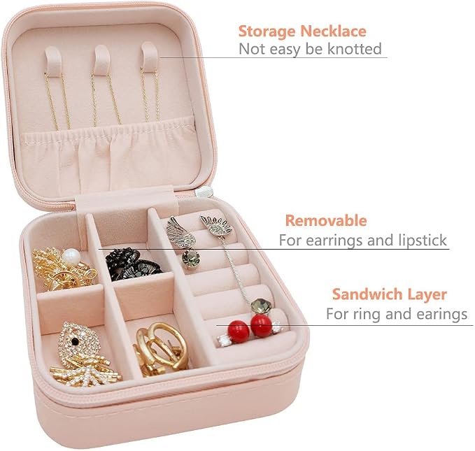 TRODANCE Mini Jewelry Travel Case, Small Portable Jewellry Organizer Box Portable Display Storage Box for Rings Earrings Necklaces, Gifts for Girl, Women, Wedding, Birthday, Mom, Mother's Day (Pink)