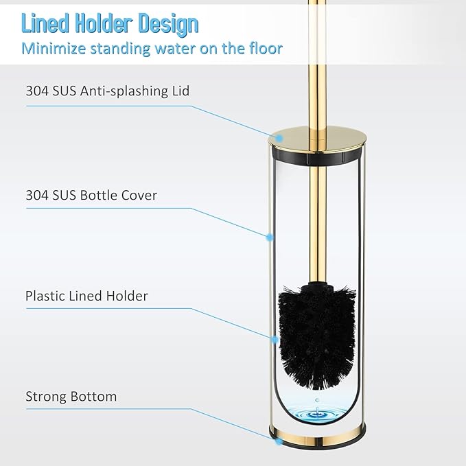 Toilet Brush and Holder Set Gold Stainless Steel, 304 Heavy Duty Round Toilet Brush Set – Rust Resistant, Long Handle, Replacement Heads, Floor Standing Bathroom Toilet Cleaning Brush