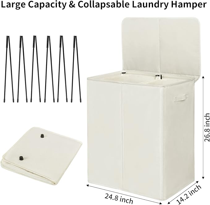 WOWLIVE 154L Double Laundry Hamper 2 Section with Lid and Removable Bags | Divided Laundry Basket, Large Dirty Clothes Hamper with Handle, Collapsible Laundry Storage for Dorm Room, College, Beige