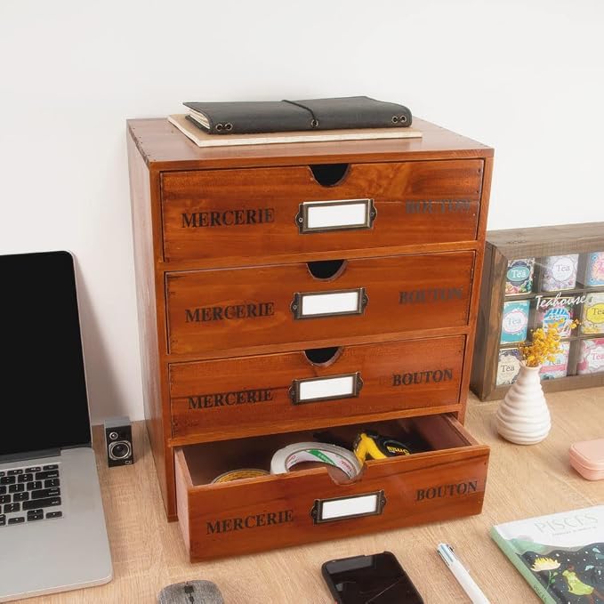 Large Wooden Drawers Wooden Box with Drawer Brown | 4 Drawer Storage Box for Apothecary Cabinet, Apothecary Drawers，Desktop Organizer with Metal Handles for Office，Home