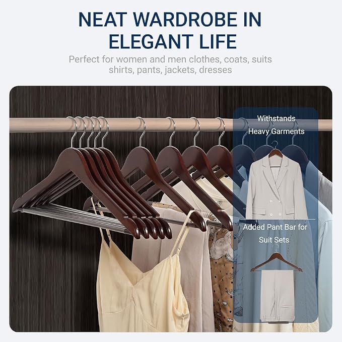 Amber Home 20 Pack Retro Wooden Coat Hangers, Vintage Wood Suit Hangers with Non-Slip Pant Bar, Clothes Hangers for Closet Organization, Shirts, Jackets, Dresses, and Pants (Retro, 20)