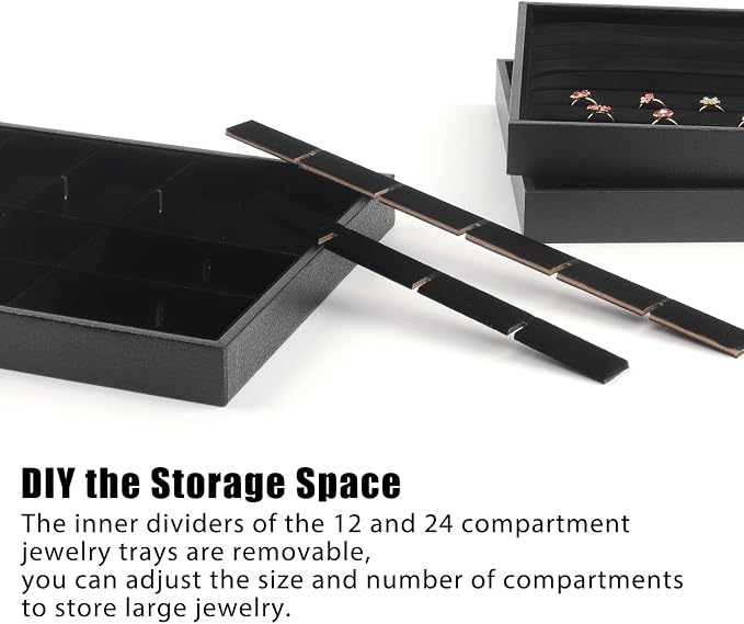 Rocutus Jewelry Trays,3 Pack Stackable Velvet Jewelry Organizer Tray Drawer Jewelry Storage Tray,Divided Ring Organizer Tray for Earrings, Necklaces, Bracelets,13.8"x9.5"x1.2" (Black)