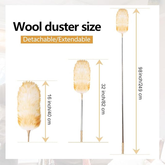 Lambswool Extendable Duster 32-98 Inch, Anti-Static Flexible Head, Stainless Steel Pole for High Ceilings, Fans, Interior & Roof Dusting(Two Pack)