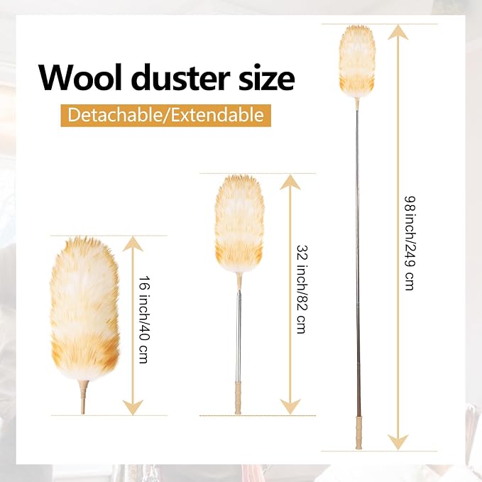 Lambswool Extendable Duster, 32-98 Inch Anti-Static Flexible Head Stainless Steel Pole for High Ceilings, Fans, Interior & Roof Dusting(one Pack)