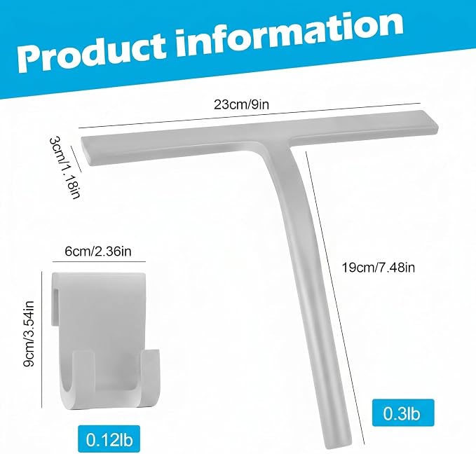 Shower Squeegee for Glass Doors, Mirror Window Tile Scrubber Cleaner with Hook Silicone (Gray)