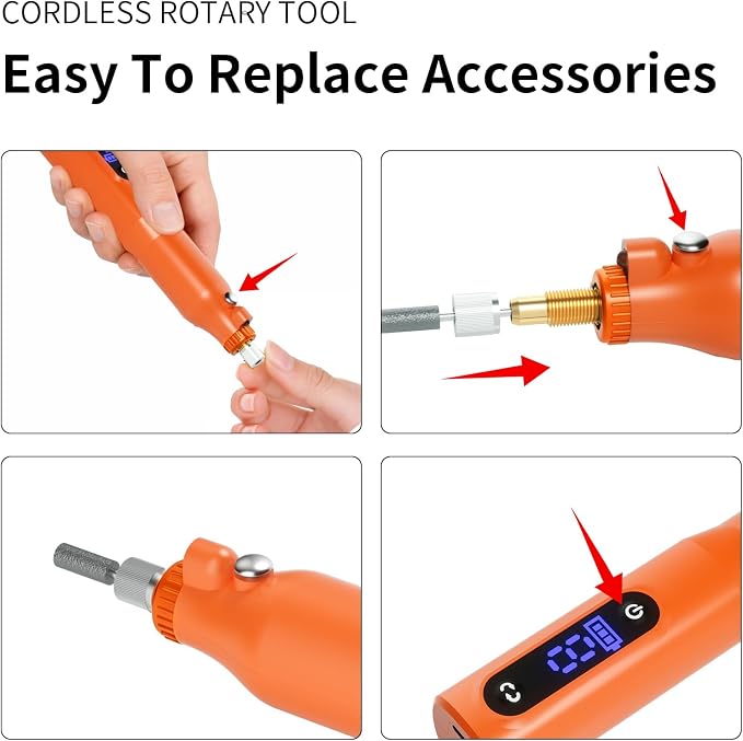 Cordless Rotary Tool Kit - 9-Speed Adjustable with USB Charging | Multi-Purpose Engraving Pen for Sanding, Polishing, Drilling & DIY Crafts | Includes 3D Printing Accessories (Orange with Light)