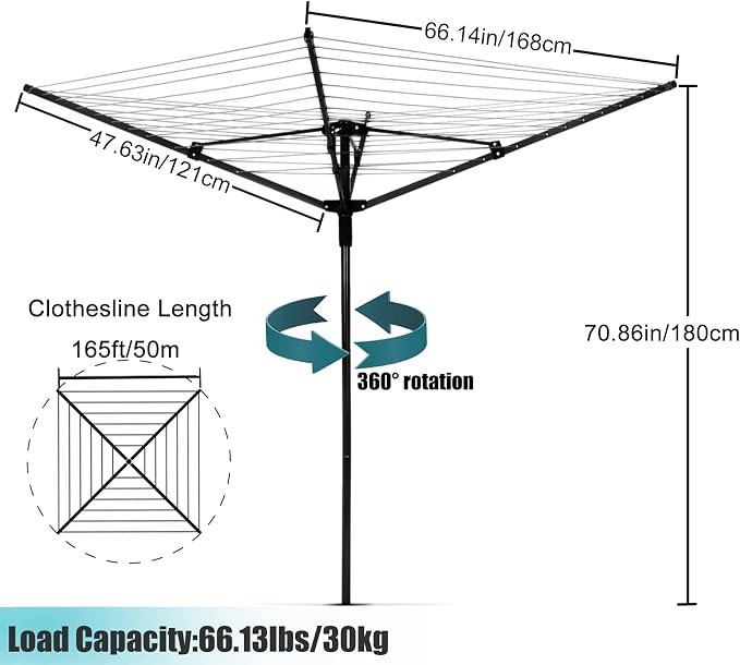 MYOYAY 165 Ft Outdoor Umbrella Drying Rack Rotary Retracting Clothesline | Adjustable Height Collapsible Umbrella Clothesline 4 Arm Heavy Duty Clothes Drying Rack with 12 Lines for Laundry Outdoors