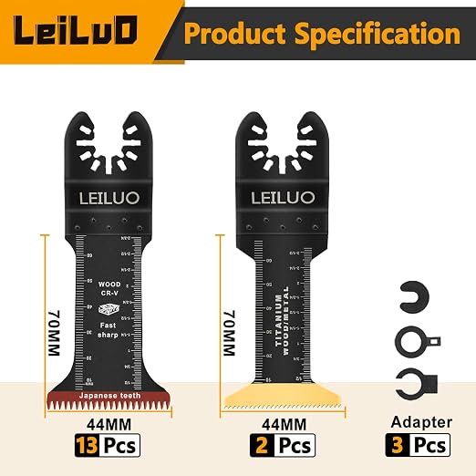 15 Pcs Extra Long Oscillating Tool Blades 70mm Japanese Tooth & Titanium Multitool Blades 44mm Wide Saw Blade for Deep Cutting Wood Metal Compatible with DeWalt Makita Milwaukee and More