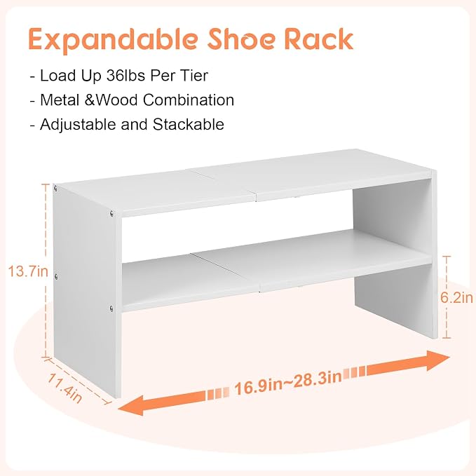 2 Pack Expandable White Shoe Rack Organizer for Closet, 2-Tier Stackable Shoe Storage Shelf, Small Iron Wood Combination Shoe Shelves for Closets,Entryway,Front Door, Narrow Space,Hallway,15-24 Pairs