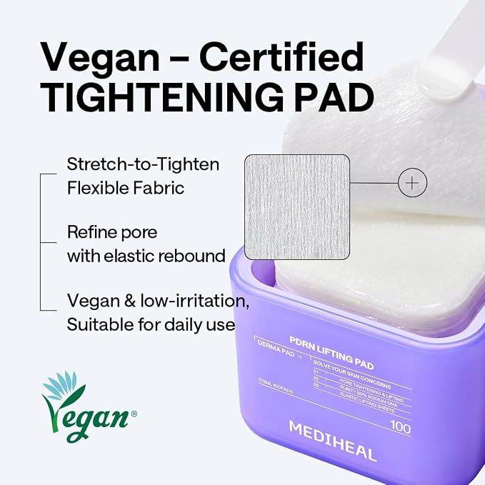 MEDIHEAL PDRN Lifting Toner Pads, Pore & Wrinkle Care (100 Count) | with Niacinamide, Glutathione | Pore Minimizing, Firming, Skin Renewal | Stretchable Pads | Korean Derma Toner Pads