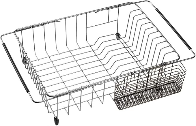 SANNO Stainless Steel Utensil Drying Rack and Cutlery Organizer With Hooks - Removable Silverware Holder, Black