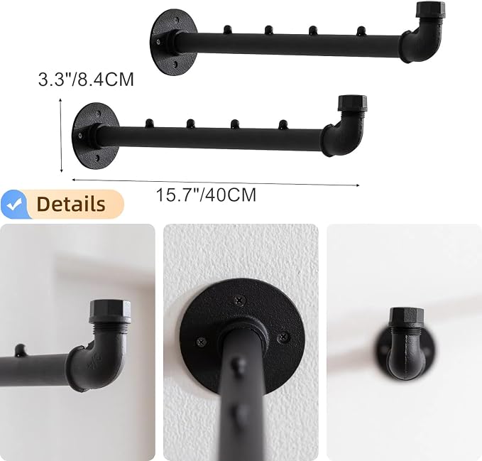Industrial Wall Pipe Clothes Bar - Heavy Duty Metal Coat Hanger with Hook, Wall-Mounted Garment Holder Racks,Wall Clothing Racks/Hanging Rail, 6Pcs