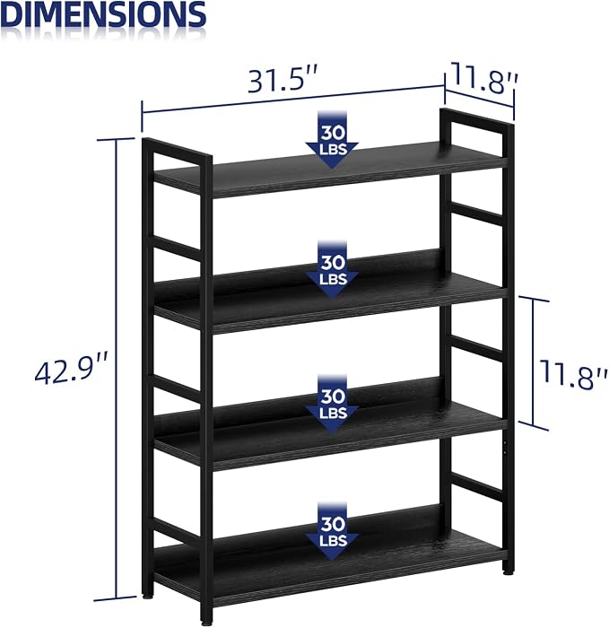 NUMENN Wide Bookshelf, 4 Tier Freestanding Shelving Unit, Black | Metal Frame & Wood Shelves, Falling Prevention Baffle, Open Storage Bookcase for Bedroom, Living Room & Home Office